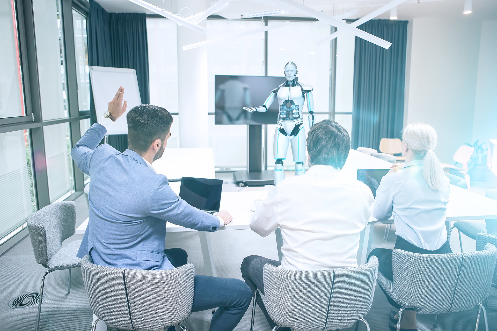 Business meeting with a humanoid robot